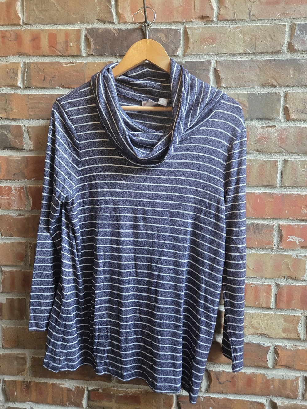 Chico's Navy and White Striped Cowl Neck Knit Long Sleeve Top Cozy Stylish Layer